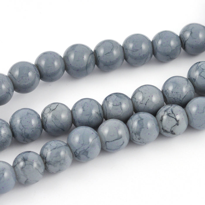 Marbled glass beads, grey, 6mm