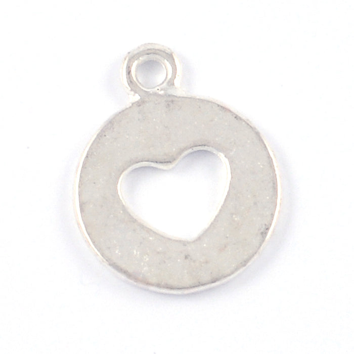 Round charm with punched heart, silver, 14mm, 10pcs