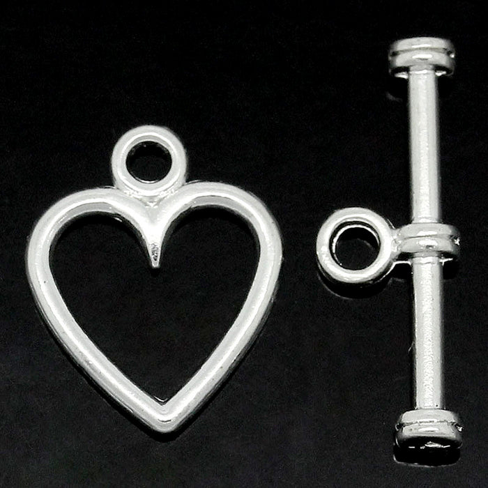 Toggle lock heart, silver, 5pcs