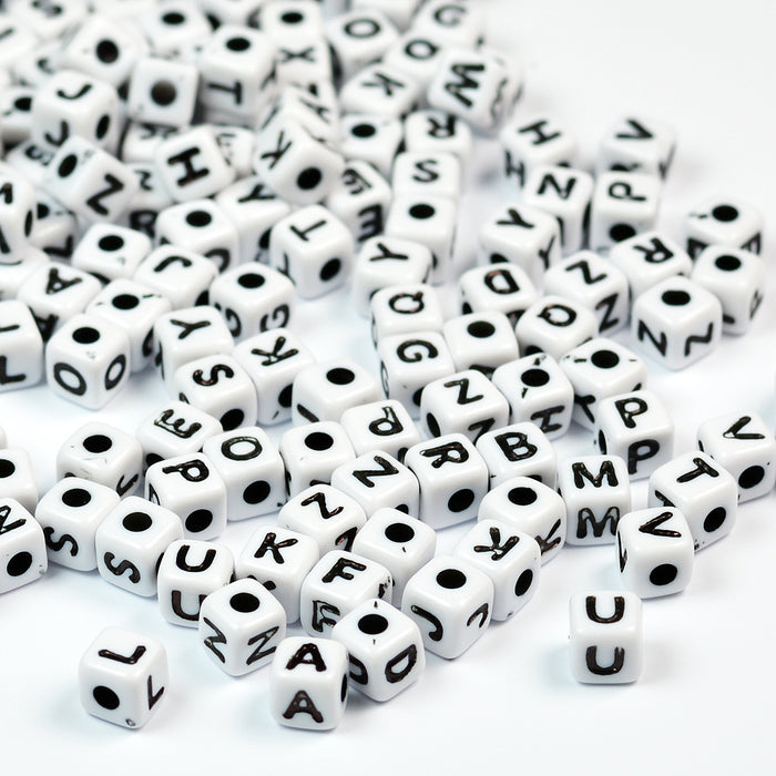 Mini letter beads cube, white, mixed