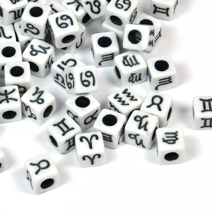White beads with zodiac signs, cube, 100 pcs