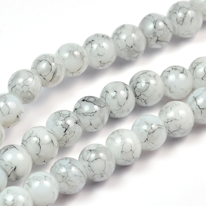 Marbled glass beads, white, 6mm