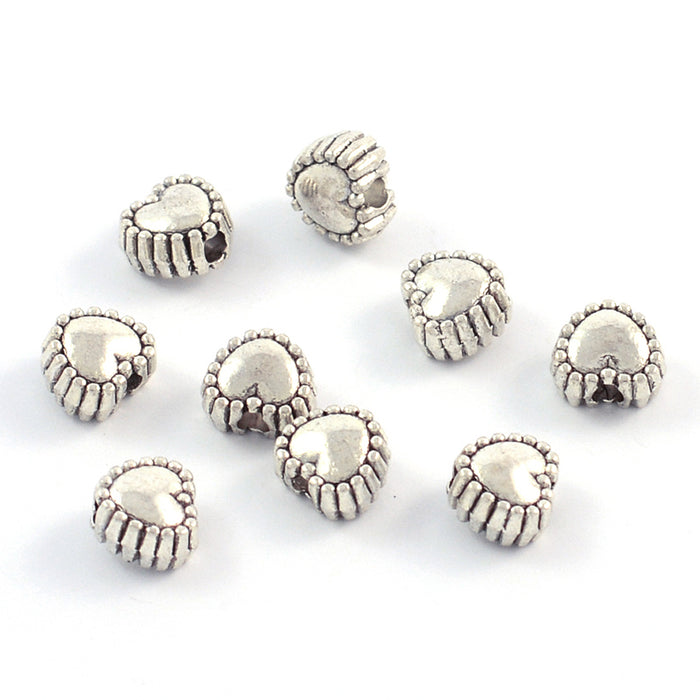 Metal beads, small hearts, antique silver, 5mm, 50pcs