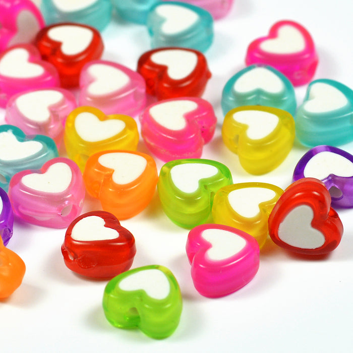 Acrylic beads hearts, white-color mix, 75 pcs