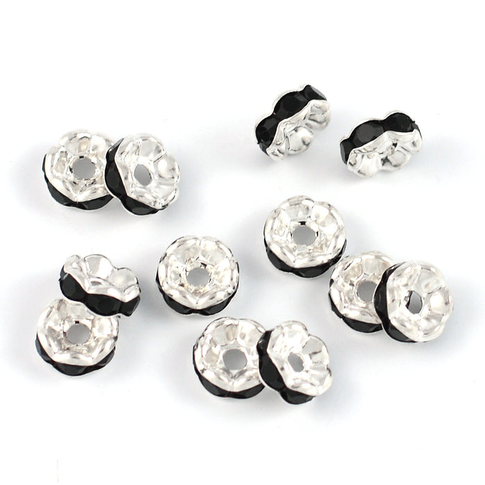 Elegante rondeller med rhinestones, sølv-svart, 6mm, 20stk