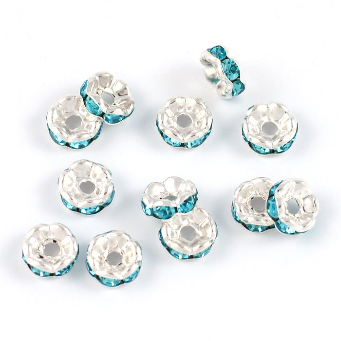 Elegante rondeller med rhinestones, sølv-lyseblå, 6mm, 20stk