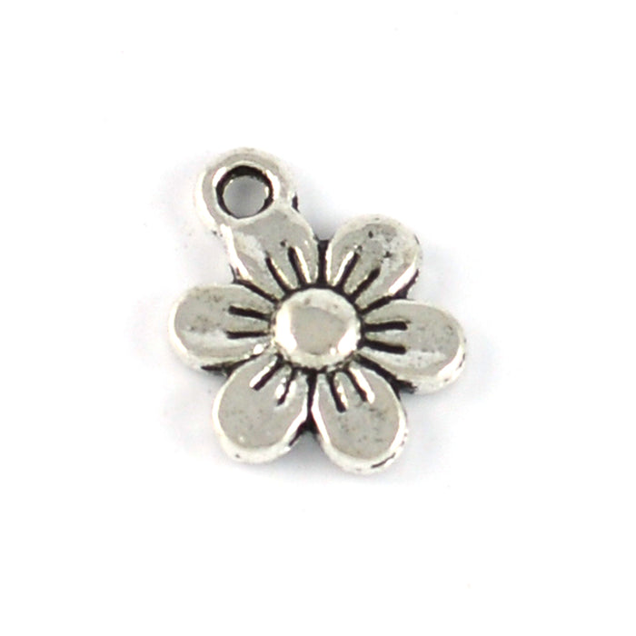 Charm, blomst, antikk sølv, 10mm, 10stk
