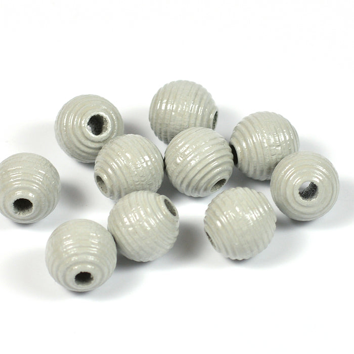 Grooved wooden beads, 10mm, light grey, 35pcs