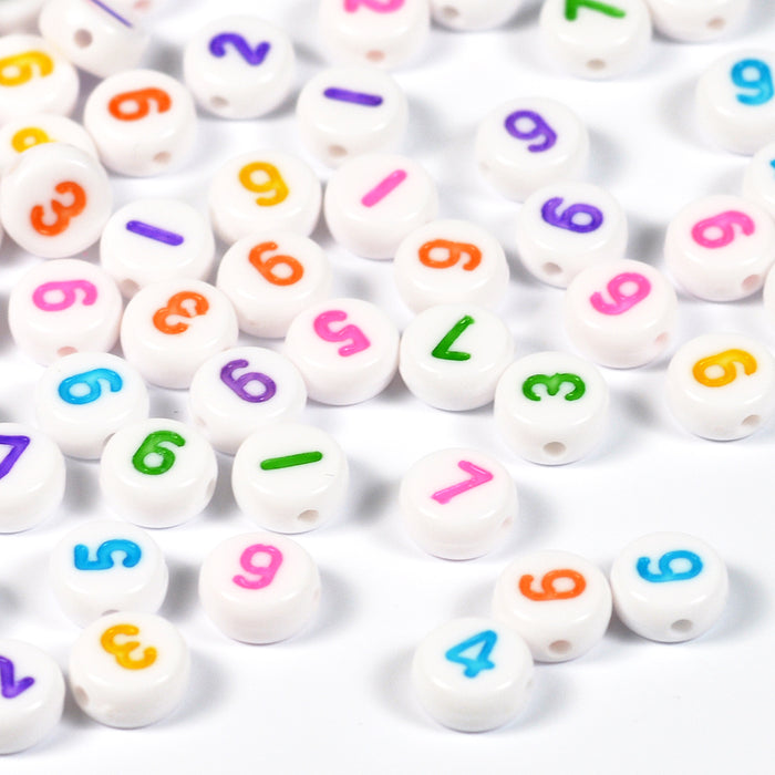 Number beads, white with color, mixed
