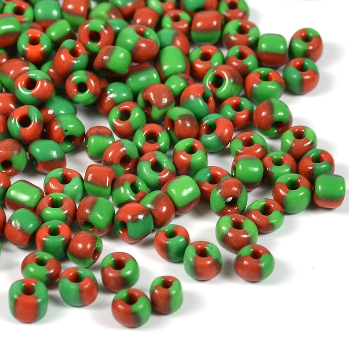 Seed Beads, 4mm, tvåfärgad grön-karminröd, 30g