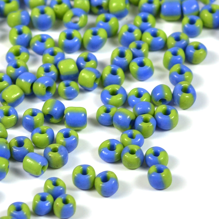 Seed Beads, 4mm, tvåfärgad ljusgrön-kornblå, 30g
