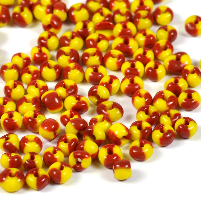 Frøperler, 4 mm, tofarget rød-gul, 30 g