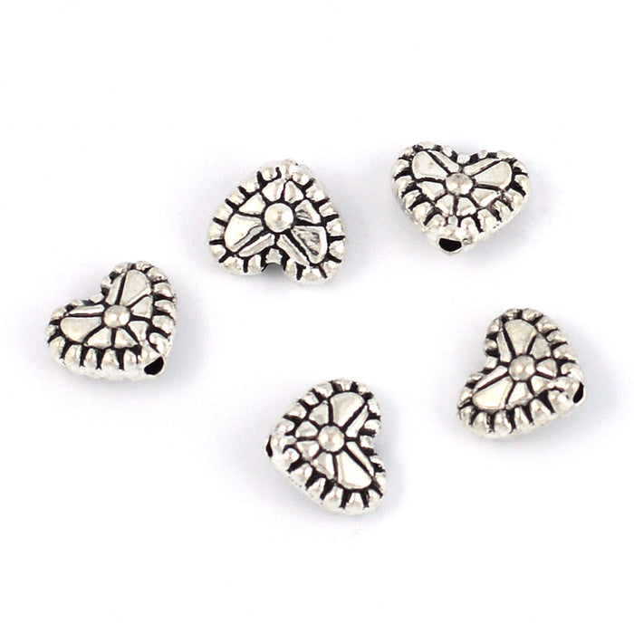 Metal beads, patterned hearts, antique silver, 8x7mm, 15pcs