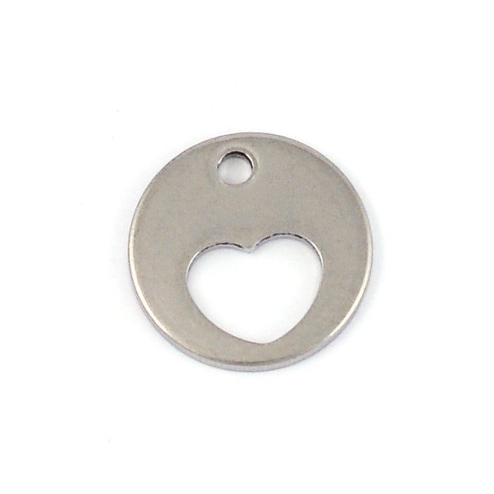 Round charm with punched heart, stainless steel, 12mm, 3pcs