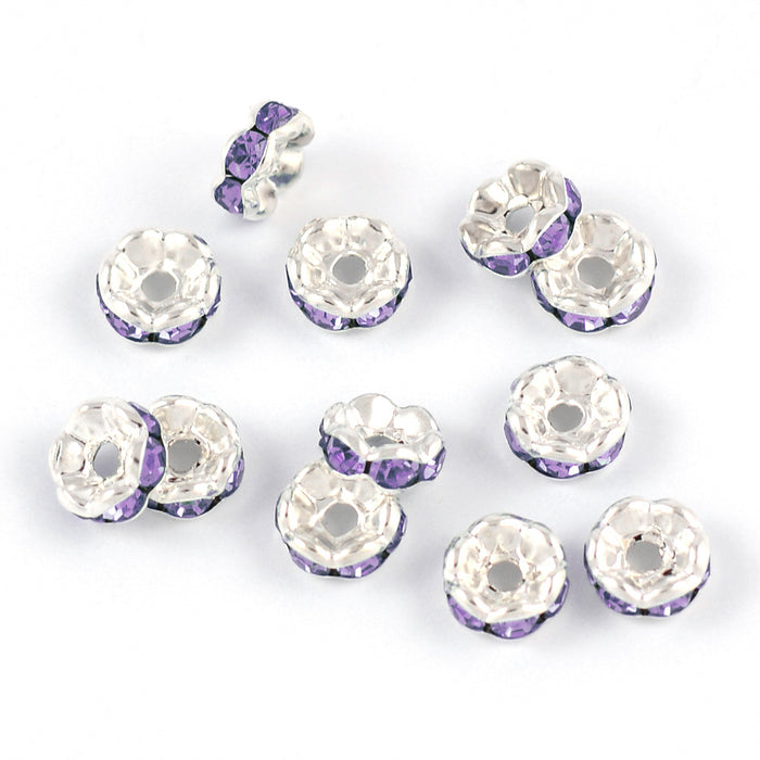 Eleganta rondeller med strass, silver-lavendel, 6mm, 20st