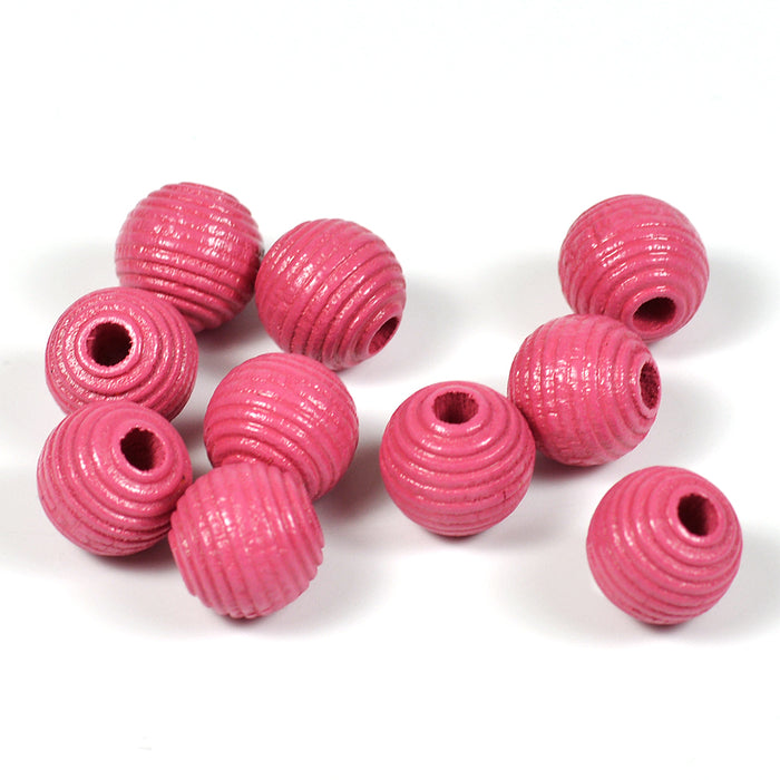 Grooved wooden beads, 10mm, dark pink, 35pcs