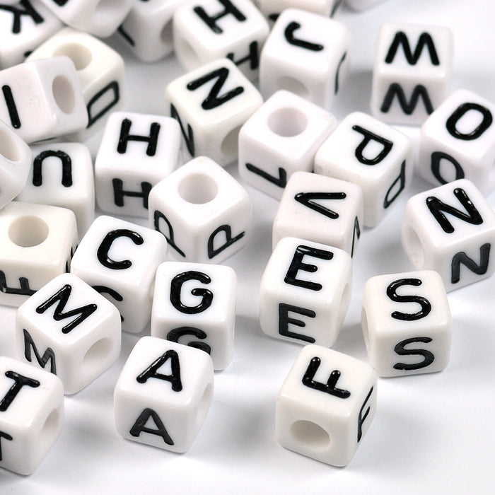 White letter beads, cube, 8mm, mixed