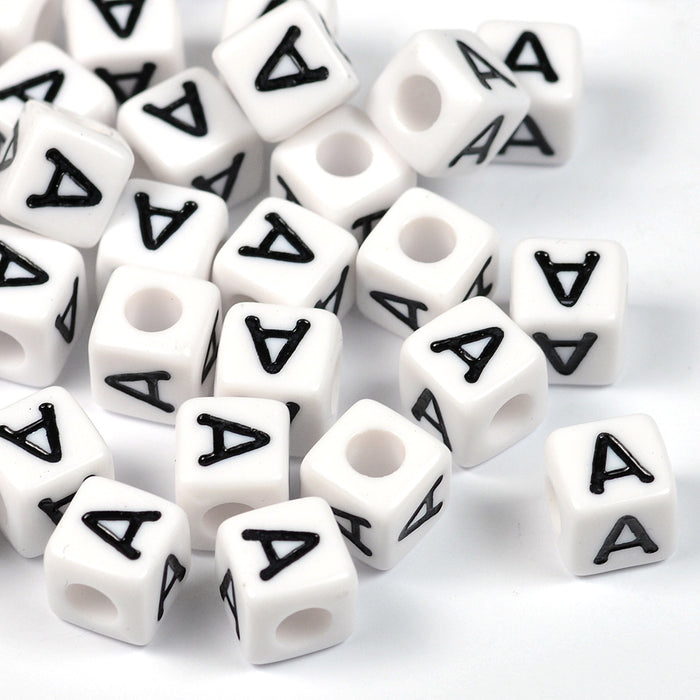 White letter beads, cube, 8mm, A–Z