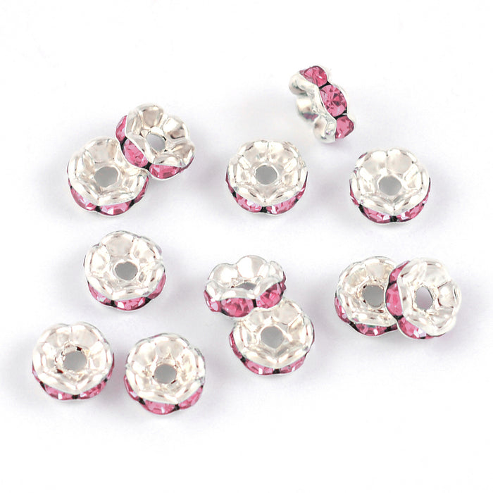 Elegante rondeller med rhinestones, sølv-rosa, 6mm, 20stk