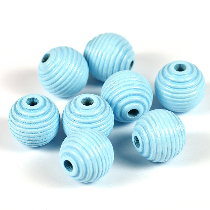 Grooved wooden beads, 14mm, light blue, 16pcs