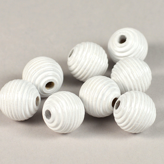 Grooved wooden beads, 14mm, white, 16pcs