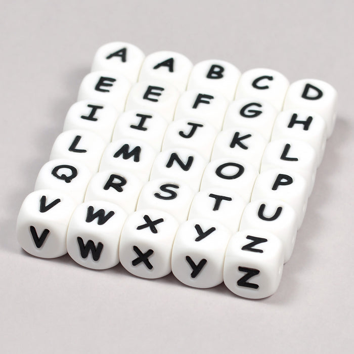 Silicone letter beads, white, A–Z