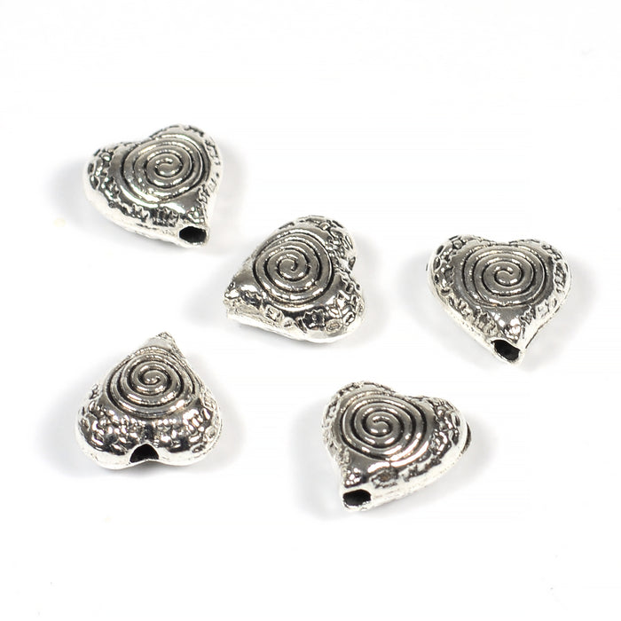 Metal beads, hearts with spiral, antique silver, 8x9mm, 10pcs