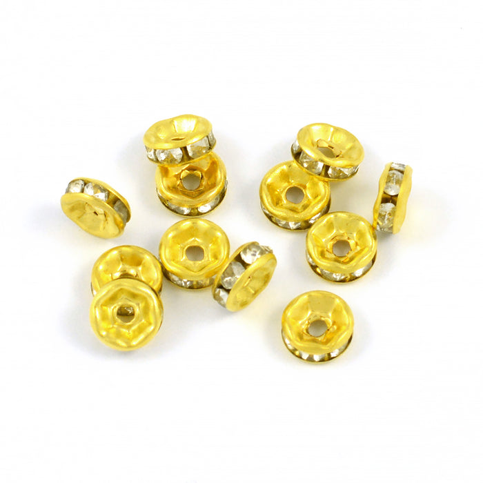 Circles with rhinestones, gold-white, 6mm, 50pcs