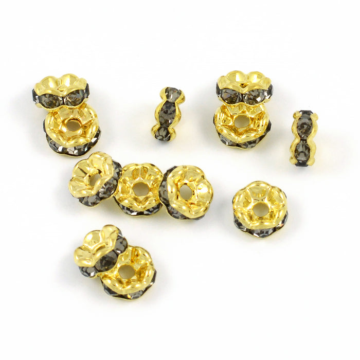 Elegante rondeller med rhinestones, gullgrå, 6mm, 20stk