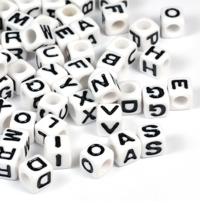 Letter beads cube, white, 7mm, mixed