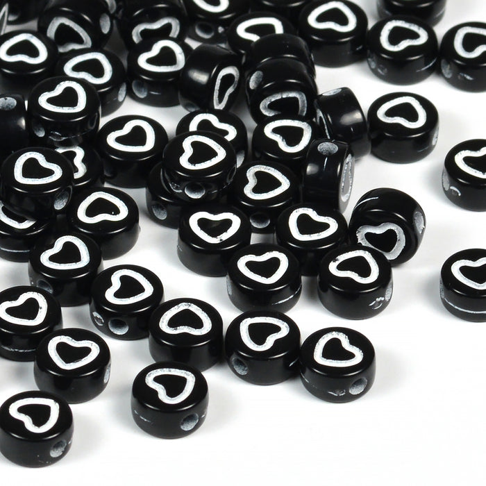 Black beads with heart outline, 100 pcs