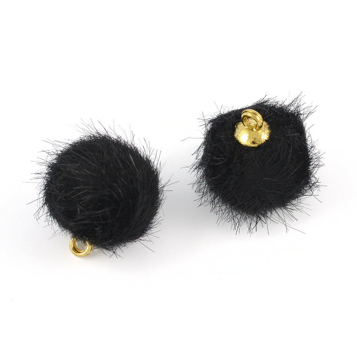 Small faux fur balls, black, 2 pcs
