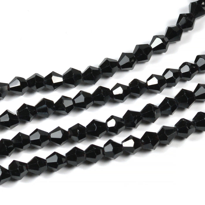 Bicone glass beads, black, 4mm