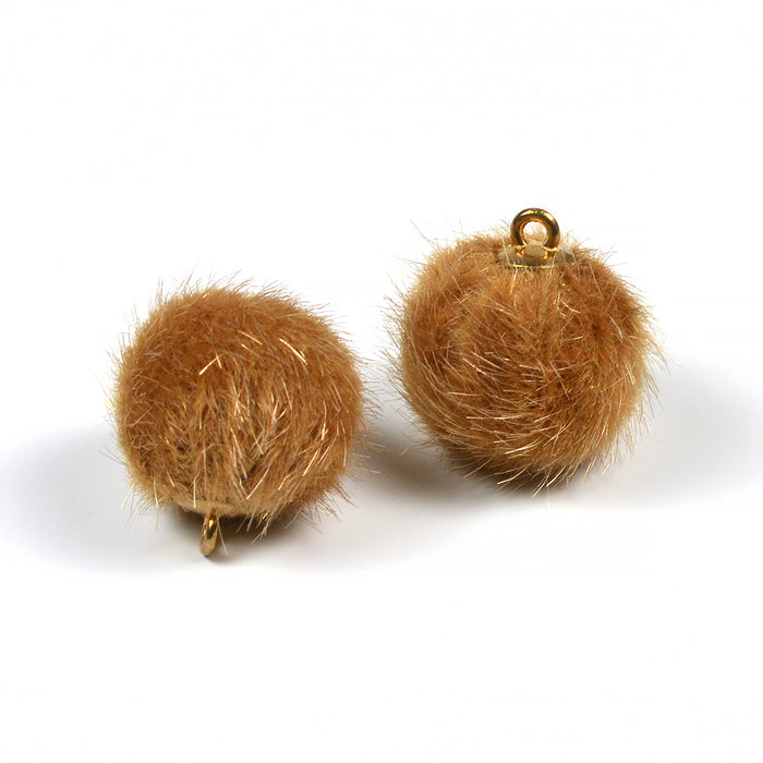 Small faux fur balls, camel brown, 2 pcs