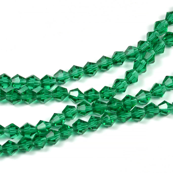 Bicone glass beads, emerald green, 4mm