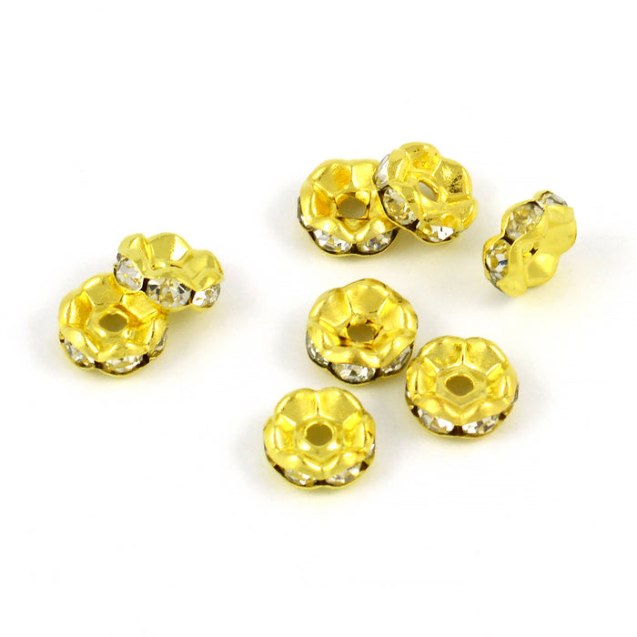 Elegant rondels with rhinestones, gold-white, 8mm, 20pcs