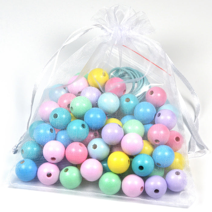 Craft set with wooden beads, 15mm, light color mix