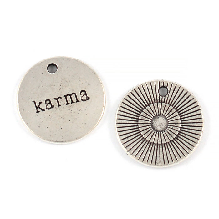 Charm, rund "karma", antikk sølv, 20mm, 5stk