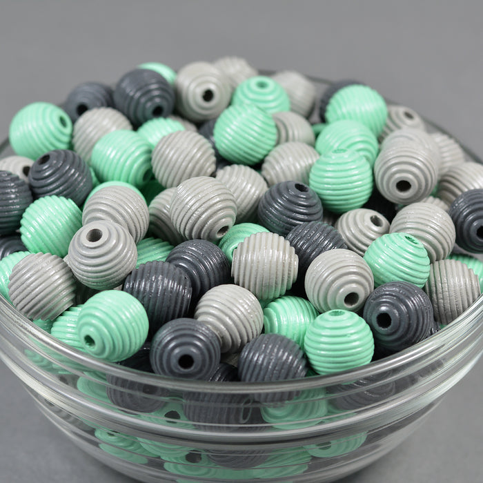 Grooved wooden beads, 14mm, mint, 16pcs