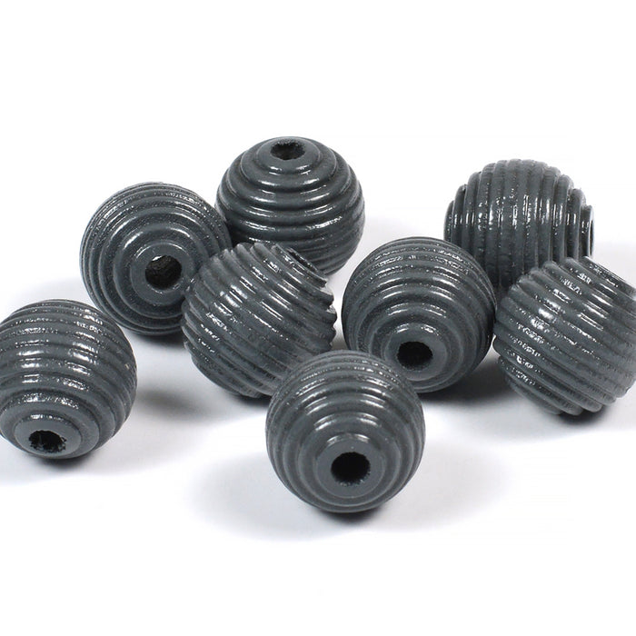 Grooved wooden beads, 14mm, dark grey, 16pcs