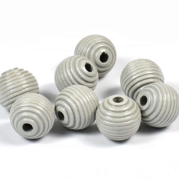 Grooved wooden beads, 14mm, light grey, 16pcs