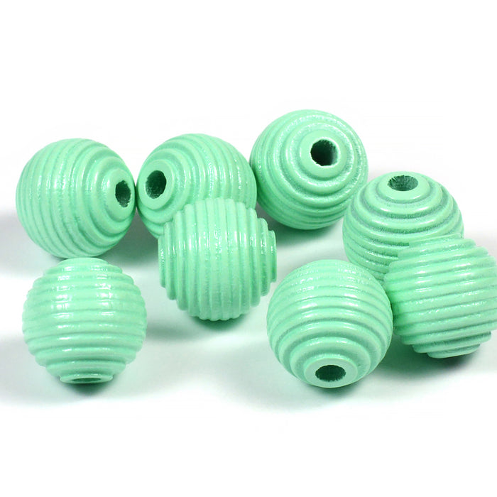 Grooved wooden beads, 14mm, mint, 16pcs