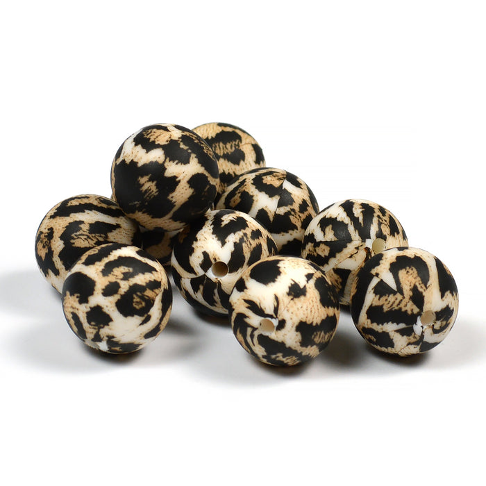 Silikonperler, leopardpels, 15 mm