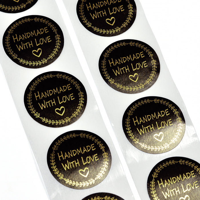 Sorte klistremerker med gull "Handmade with love", 25mm, 20stk