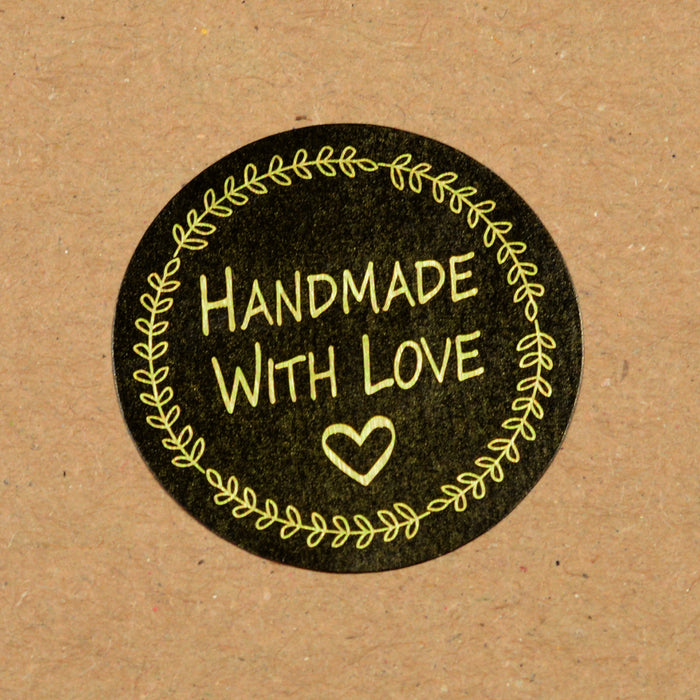 Black stickers with gold "Handmade with love", 25mm, 20pcs