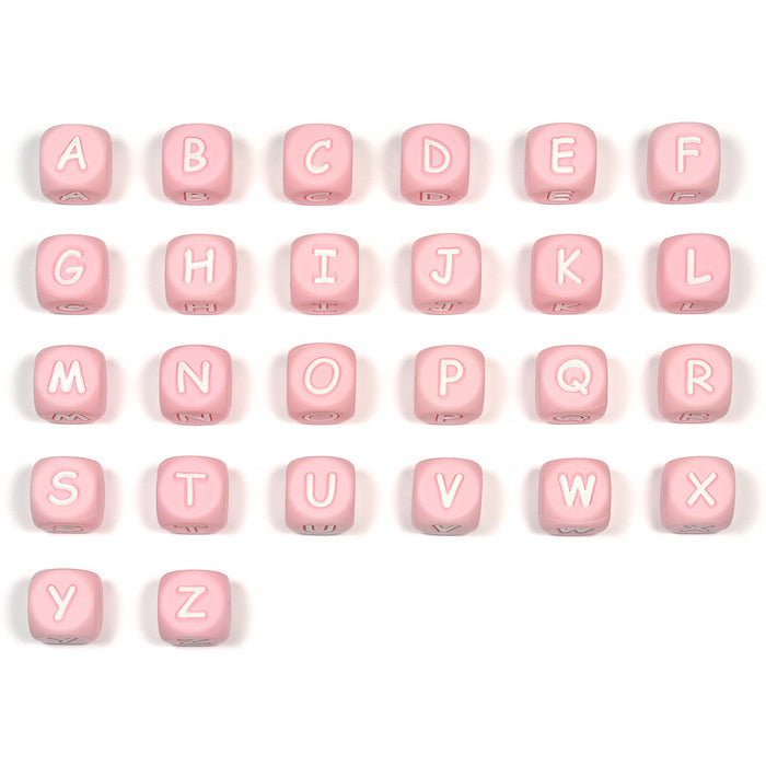 Silicone letter beads, powder pink, A–Z