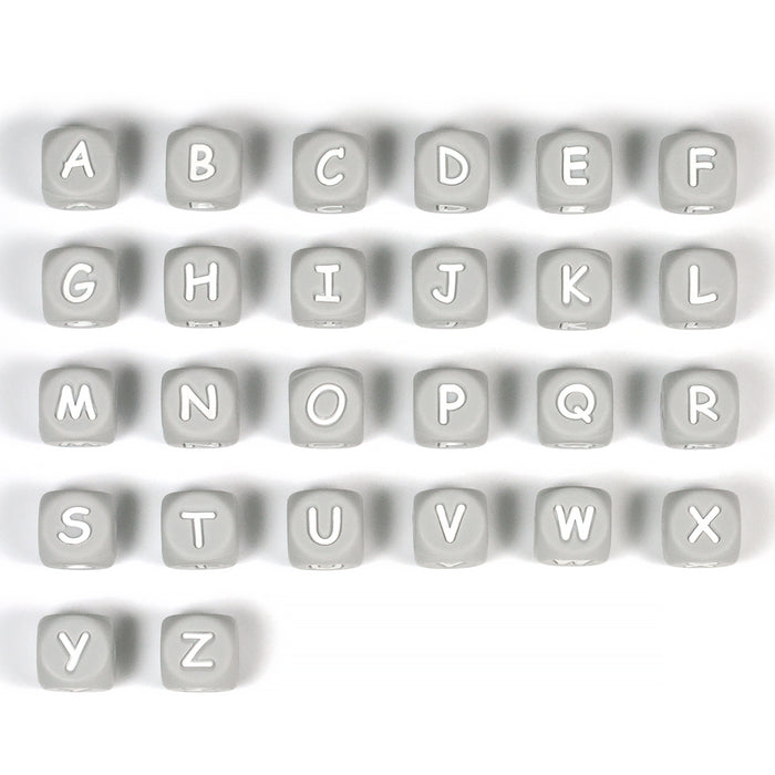 Silicone letter beads, light grey, A–Z