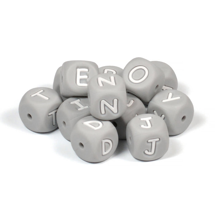 Silicone letter beads, light grey, A–Z