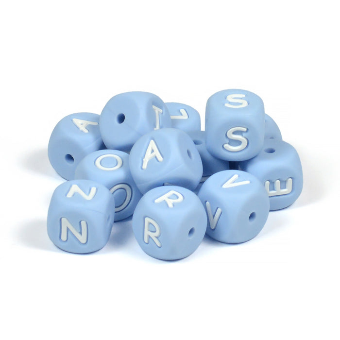 Silicone letter beads, light blue, A–Z