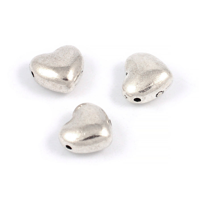 Metal beads, hearts, antique silver, 10mm, 10pcs